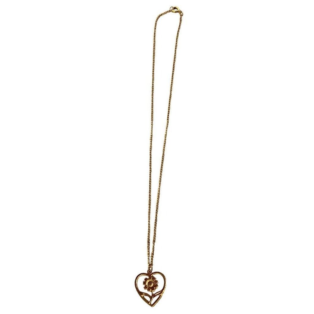Goldtone Necklace Floral 1" Heart Pendant on 19" Chain Red White - Picture 8 of 13